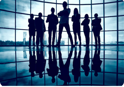 Business professionals in a modern glass office building